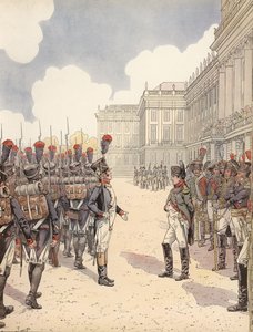 Do Napoleona podchodzi nerwowy porucznik podczas parady w Schoenbrunn autorstwa Onfray de Breville Job