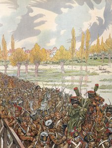 Napoleon przechodzący przez most w Elster ze swoją armią ze złowrogim niebem autorstwa Onfray de Breville Job