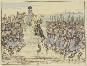 Napoleon patrzący na ostatni kontyngent armii w kampanii francuskiej maszeruje w pobliżu Reims, 16 marca 1814 autorstwa Onfray de Breville Job