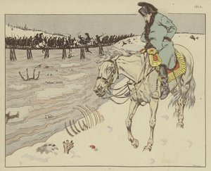 Napoleon oglądający szczątki swojego wielkiego oręża przemierzającego rzekę Berezynę podczas odwrotu z Moskwy, 1812 r. autorstwa Onfray de Breville Job