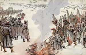 Kampania rosyjska Napoleona, palenie sztandarów, 23 listopada 1812 r. autorstwa Onfray de Breville Job