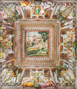 Widok na sufit Sali Adonisa i kamienie pamiątkowe członków rodziny Rossi, Gonzaga, Riario i Medici, Rocca dei Rossi, San Secondo, Parma, Włochy autorstwa Orazio (attr.to) Samacchini