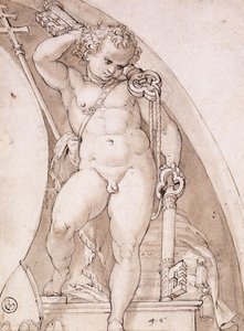 Stały Putto trzymający papieskie klucze: studium na lunetę, ok. 1575 r. autorstwa Orazio Samacchini