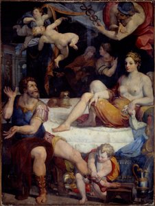 Wojna trojańska: „”Merkury nakazuje Enee porzucić Didona”” Malarstwo Orazio Samachini (1532-1577) XVI-wieczne Słońce. 2,49x1,78 m² autorstwa Orazio Samachini