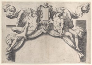 Dwa anioły podtrzymujące kartusz lub tarczę, 1568-77., 1568-77. autorstwa Orazio de Sanctis