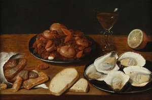 Martwa natura z ostrygami, wypiekami, cytryną i kieliszkiem do wina autorstwa Osias the Elder Beert