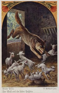 Scena z "Wilk i siedem koźlątek" braci Grimm autorstwa Oskar Herrfurth