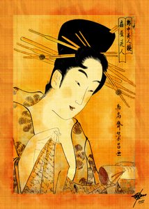 Kobieta czytająca na obrazie ukiyo-e autorstwa Osvaldo Russo