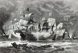 The Vanguard, pod dowództwem Sir Williama Wintera, walczący z hiszpańską Armadą, z „Godziny wypoczynku”, 1888 r.