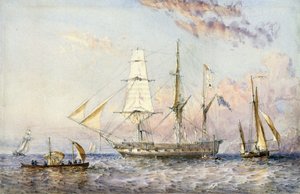 Statek HMS "Rattlesnake" (1822). Akwarela z 1853 r. autorstwa Sir Oswalda Waltera Brierly