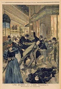 Bomba w Cafe Terminus, aresztowanie zabójcy, ilustracja z „Le Petit Journal”, 26 lutego 1894 autorstwa Oswaldo Tofani