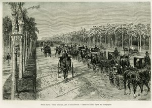 Buenos Aires, Aleja Sarmiento, Park Trzech Lut. Grawerowanie Tofaniego, aby zilustrować opowiadanie Voyage a la Plata, w 1886, autorstwa Emile Daireaux, in le tour du monde 1888, w reżyserii Edouarda Chartona (1807-1890), Hachette, Paryż. autorstwa Oswaldo Tofani