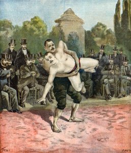 Demonstracja zapaśników Pierriego i Usoufa Ismaillolo, 1895 (ilustracja) autorstwa Oswaldo Tofani