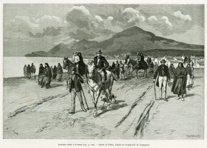 Wyspiarze udają się na mszę. Grawerowanie Tofaniego, aby zilustrować historię Trois mois en Irlande, w 1889, Marie anne de Bovet, in le tour du monde 1890, reżyseria Edouard Charton (1807-1890), Hachette, Paryż. autorstwa Oswaldo Tofani