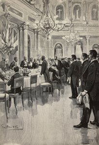 Włoscy dyplomaci wspólnie wznoszący toast, Paryż, Francja, rycina z rysunku Gennaro Amato, ze szkicu Osvaldo Tofaniego, z L