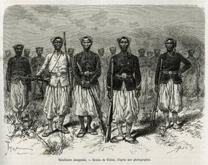 Senegalscy jeźdźcy eskorty ekspedycji. Grawerunek autorstwa Tofaniego, ilustrujący historię Eksploracji Górnego Nigeru przez komandora Gallieniego z piechoty morskiej w latach 1880-1881, opublikowany w Tour du monde, pod kierownictwem Edouarda Chartona (18 autorstwa Oswaldo Tofani