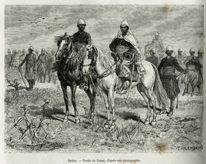 Spahis z eskorty ekspedycji. Grawerunek autorstwa Tofaniego, ilustrujący historię Eksploracji Górnego Nigru przez komandora Gallieniego z piechoty morskiej w latach 1880-1881, opublikowany w Tour du monde, pod kierownictwem Edouarda Chartona (1807-1890) autorstwa Oswaldo Tofani