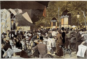 Bulwary na tarasie nocnej kawiarni wyborczej. Z obrazu Osvaldo Tofaniego (1849-1915) Ec. Włochy. autorstwa Oswaldo Tofani