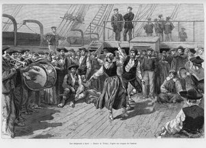 Emigranci na pokładzie. Grawer autorstwa Tofaniego dla zilustrowania opowiadania Emile Blairaux, podróż po placie, trzy miesiące wakacji w 1886, w tour du monde 1887, pod kierunkiem Edouarda Chartona (1807-1890), Hachette, Paryż. autorstwa Oswaldo Tofani