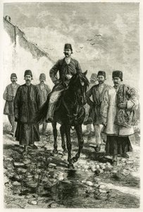 Gubernator Kachan (lub Kashan w prowincji Teheran, dzisiejszy Iran) jeździ na czarnym koniu, a jego świta jest na piechotę. Grawerowanie Tofaniego, z fotografii, aby zilustrować historię „”Persja, Chaldee i Susiane”” w latach 1881-1882, Jane Dieulafoy (z d autorstwa Oswaldo Tofani