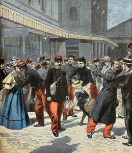 Powrót klasy. Po zakończeniu służby wojskowej żołnierze łączą się z rodzinami 1897 r. (rycina)