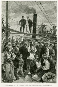 Pokład statku. Grawerowanie Tofaniego dla zilustrowania opowiadania Podróż do Tesalii w 1882 r. autorstwa Paula Monceaux, in le tour du monde 1887, w reżyserii Edouarda Chartona (1807-1890), Hachette, Paryż. autorstwa Oswaldo Tofani