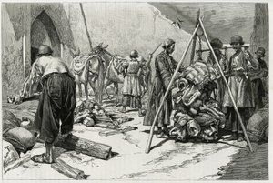 Ważenie bagażu przed odlotem Delafoy Bridal Expedition. Grawer autorstwa Tofaniego, ilustrujący historię „Persja, Chaldee i Susiane”” autorstwa Oswaldo Tofani