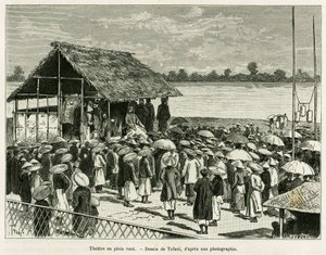 Teatr na wietrze. Grawerowanie Tofaniego, po fotografii, aby zilustrować historię Trente mois au Tonkin, w 1884, dr Paul Hocquard, in le tour du monde 1890, pod kierunkiem Edouarda Chartona (1807-1890), Hachette, Paryż. autorstwa Oswaldo Tofani