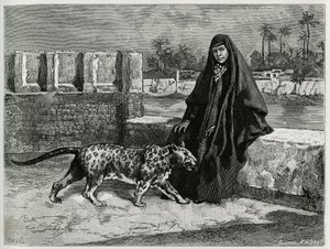 Torkan Khanoum, ulubieniec szejka Mojżesza, potężnego przywódcy plemiennego Arabistanu ze swoją panterą. Grawer autorstwa Tofaniego, ilustrujący historię „Persja, Chaldee i Susiane” autorstwa Oswaldo Tofani