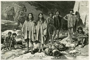Rodzaje Indian z Kordylierów Ekwadoru, po lewej, w tle Yumbos z Nanegal, na pierwszym planie Lojanos, pośrodku para Zaparów, po prawej wojownicy Jivaro. Grawer autorstwa Tofani, na podstawie dokumentów, ilustrujący magazyn autorstwa Oswaldo Tofani