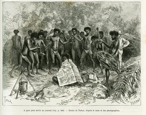 Do czego może służyć gazeta? Grawer autorstwa Tofaniego, aby zilustrować historię Chez les cannibales, Podróż do północno-wschodniej Australii autorstwa Oswaldo Tofani