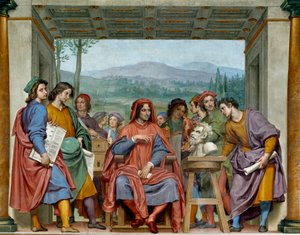 Laurent de Medici (1449-1492) (Laurent Wspaniały: Lorenzo il Magnifico) siedzący wśród florenckich artystów Podziwia głowę fauny Michała Anioła (Michelangelo, Michel Ange). Fresk Ottavio Vanniniego (1585-1643). 1635 około Sala