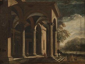 Pałac Fantazji Architektonicznej w pejzażu (olej na płótnie) autorstwa Ottavio Viviani