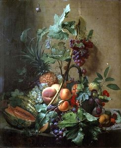 Martwa natura melona, śliwki, brzoskwini
