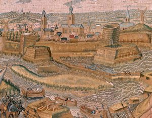 Flamandzki gobelin. Seria Triumfy i bitwy arcyksięcia Alberta. Atak i zdobycie obwarowanego pola bitwy pod Hulst (Asalto y toma del campo atrincherado de Hulst). Szósty gobelin w serii. Model Otto van Veen i Hans I Snellinck. Producent autorstwa Otto van Veen