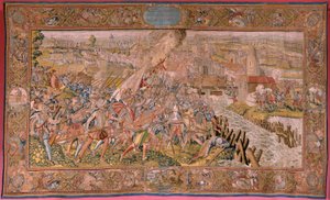 Flamandzki gobelin. Seria Triumfy i bitwy arcyksięcia Alberta. Niespodzianka w Calais (La sorpresa de Calais). Pierwszy gobelin z serii. Model Otto van Veen i Hans I Snellinck. Produkcja Martin Reynbouts, Bruselas. 1597-1599. Tkanina Złoto, srebro, si