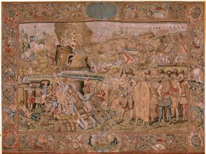 Flamandzki gobelin. Seria Triumfy i bitwy arcyksięcia Alberta. Zdobycie miasta Hulst (Toma de la Plaza de Hulst). Siódmy gobelin w serii. Model Otto van Veen i Hans I Snellinck. Manufaktura Martin Reynbouts, Bruksela autorstwa Otto van Veen