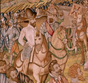 Flamandzki gobelin. Seria Triumfy i bitwy arcyksięcia Alberta; Garnizon Ardres wycofuje się do Francji (Retirada a Francia de la Guarnición de Ardrés). Czwarty gobelin w serii. Model Otto van Veen i Hans I Snellinck. Produkcja Martin Reynbou autorstwa Otto van Veen