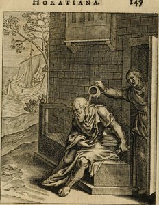 Xanthippe opróżniający nocnik nad Sokratesem. Z Emblemata Horatiana, 1607