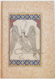 Anioł, latający, z kielichem i flaszką na wino (tusz, kolor wash i złoto na papierze) autorstwa Ottoman School