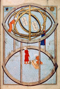 Astronomowie manipulujący ogromną kulą armilarną i narzędziami do pomiaru długości i szerokości geograficznej Miniatura z manuskryptu ms. FY 1404 „” Sehinsahname”” (lub Shahinshah-nama lub Shahinshah-nameh, Shahinshah nama lub Shahinshah nameh) „Historia k autorstwa Ottoman School