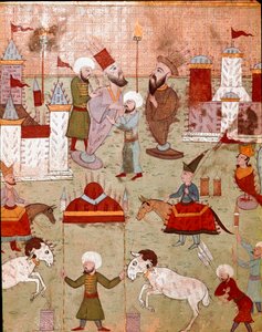 Uroczystości zorganizowane z okazji obrzezania syna osmańskiego sułtana Murada II (Murata) (1404-1451), przygotowanie fajerwerków Miniatura XVI-wiecznego Stambułu, Biblioteka Muzeum Topkapi Sarayi autorstwa Ottoman School