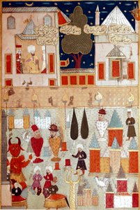 Uroczystości zorganizowane z okazji obrzezania syna osmańskiego sułtana Murada II (Murata) (1404-1451), przygotowanie fajerwerków Miniatura XVI-wiecznego Stambułu, Biblioteka Muzeum Topkapi Sarayi autorstwa Ottoman School