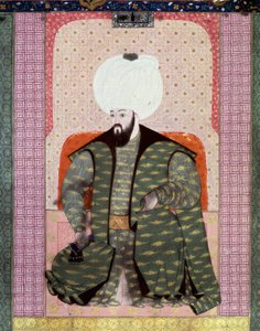 Imperium Osmańskie: „” Portret sułtana osmańskiego Bajazed (Bayezid, Bajazet, Bayazid) II Sprawiedliwy (1447-1512)”” Miniatura z rękopisu (Ms. 1973, t. 62a) „” Zubdat al Tawarikh” (Zubdat al Tawarikh) (Creme of Stories) historyka Seyida Loqida Ashuriego 1 autorstwa Ottoman School