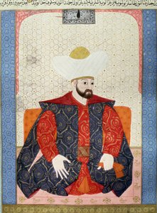 Imperium Osmańskie: „”Portret osmańskiego sułtana Murada I (1326-1389)”” Miniatura z rękopisu (Ms. 1973, folio 62a) „” Zubdatat-al-Tawarikh”” (Zubdat al-Tawarikh) (Creme of Stories) historyk Seyyid Loqman Ashuri 1538. Muzeum Sztuki Tureckiej i Islamskiej autorstwa Ottoman School