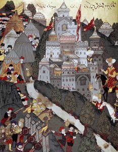 Imperium Osmańskie: Sułtan Bayezid I (Bajazet) (1360 około 1402) powrócił zwycięsko do miasta Nikopolis po bitwie o tej samej nazwie 25.09.1396. Miniatura z XVI wieku. Stambuł, Biblioteka Muzeum Topkapi Sarayi autorstwa Ottoman School