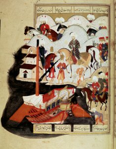 Imperium Osmańskie: „”Sułtan Murad III (1574-1595) Zwiedzanie portu w Konstantynopolu”” Rękopis miniatura ms. FY 1404 „” Sehinsahname”” (lub Shahinshah-nameh lub Shahinshah-nameh, Shahinshah nama, Shahinshah nameh) „” Historia króla królów”” wiersz o autorstwa Ottoman School