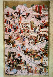 Imperium Osmańskie: „” Sułtan Soliman (Sulejman) powiedziałem wspaniały w bitwie pod Mohaczem w dniu 29.08.2015 r. przeciwko armii Królestwa Węgier dowodzonej przez króla Ludwika II””” Miniatura z „Hunername” Lokmana, tom. 1 (H 1523, f.256b) 1584 Topkapi S autorstwa Ottoman School