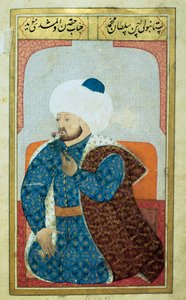 Portret sułtana Imperium Osmańskiego Meheta II (Mehmeta II Zdobywcy lub Mehmeda II Fatiha) (1430-1481) Miniatura z rękopisu „” Fizjonomia człowieka (O osobistych skłonnościach Osmanów) autorstwa Seyyida Lokmana Husseina. (Pani ty6087 folio autorstwa Ottoman School
