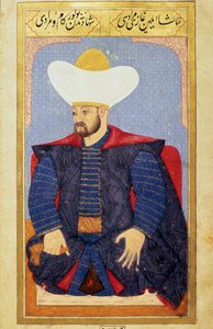 Portret sułtana Imperium Osmańskiego Murada I (1326-1389) Miniatura z rękopisu „” Fizjonomia ludzka (O osobistych aranżacjach Osmanów) autorstwa Seyyida Lokmana Husseina. (Pani ty6087 folio 27b) autorstwa Ottoman School